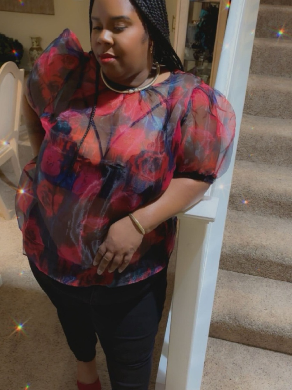 Torrid Sheer Floral Short Sleeve Blouse - Red Rose Print - Picture 8 of 11